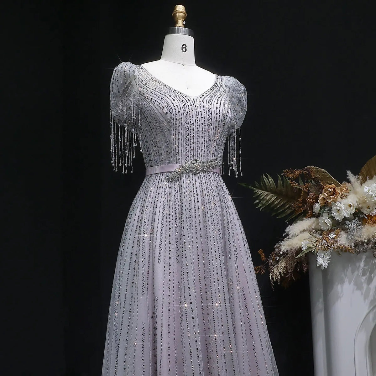 Vintage Lavender Beaded Crystal V-Neck Fringe Sleeve Evening Dress SS199 
