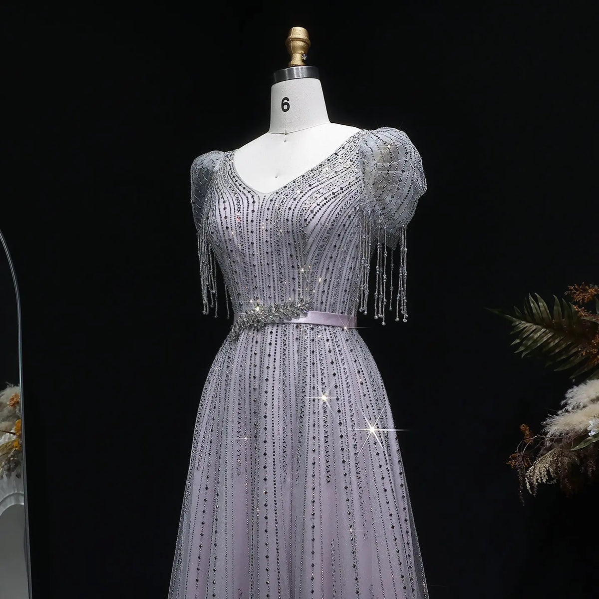 Vintage Lavender Beaded Crystal V-Neck Fringe Sleeve Evening Dress SS199 