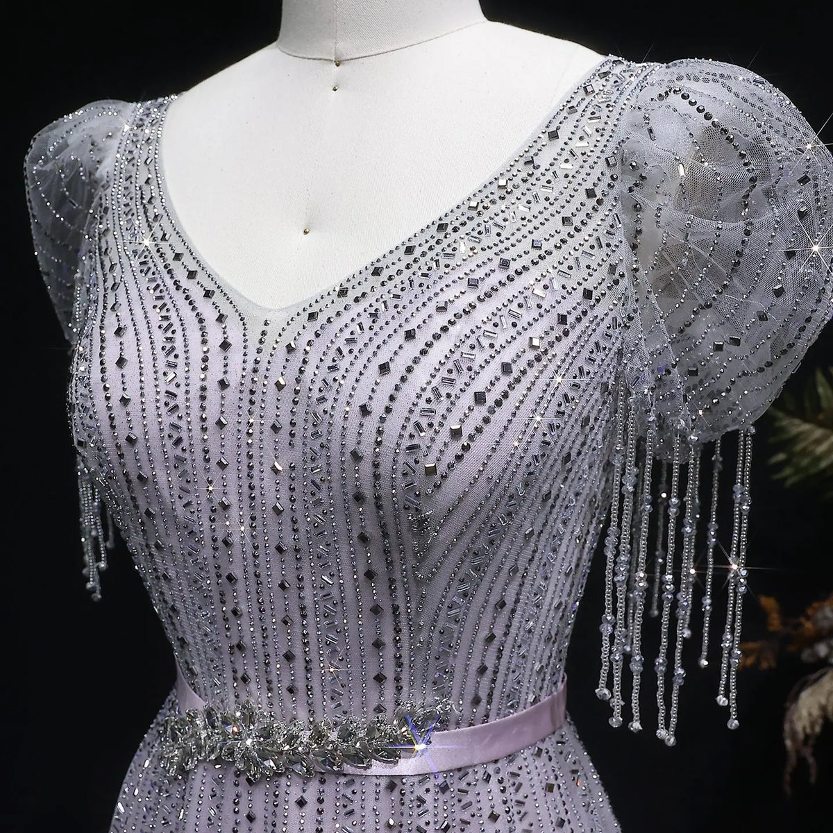 Vintage Lavender Beaded Crystal V-Neck Fringe Sleeve Evening Dress SS199 