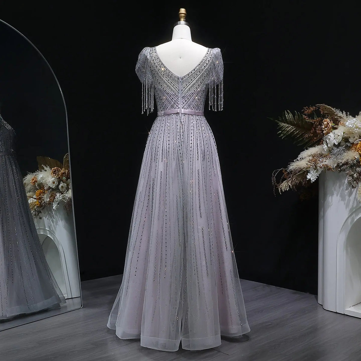 Vintage Lavender Beaded Crystal V-Neck Fringe Sleeve Evening Dress SS199 
