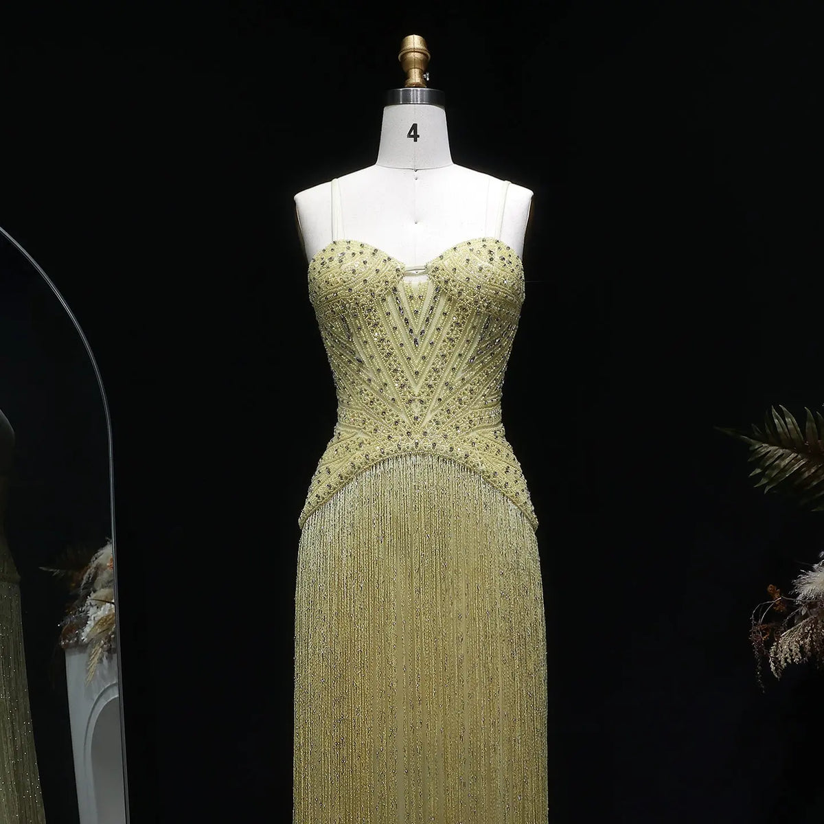 Luxury Yellow Spaghetti Strap Beaded Tassel Mermaid Evening Dress SS522 