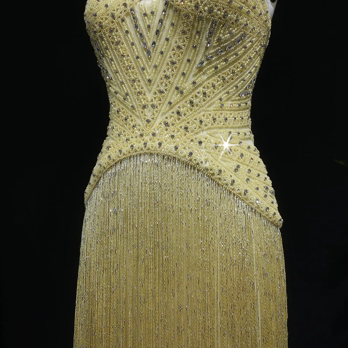 Luxury Yellow Spaghetti Strap Beaded Tassel Mermaid Evening Dress SS522 