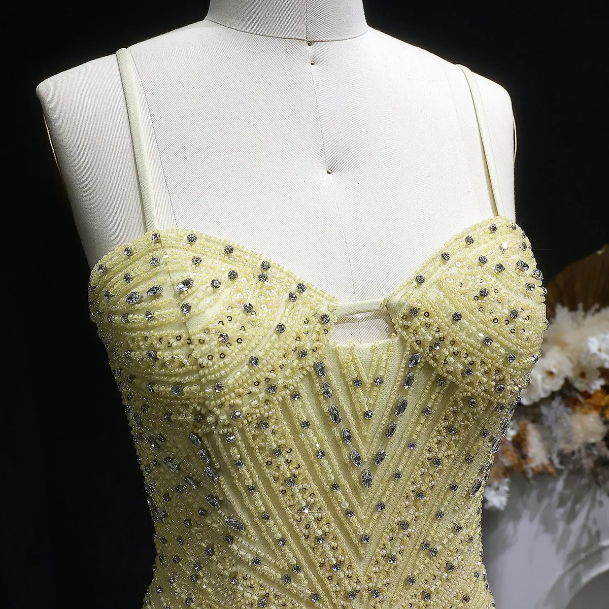 Luxury Yellow Spaghetti Strap Beaded Tassel Mermaid Evening Dress SS522 