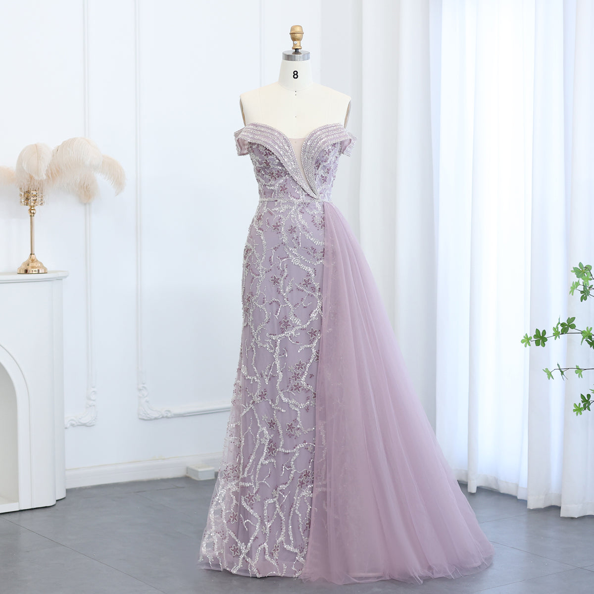 Sharon Said Elegant Off Shoulder Mermaid Lilac Evening Dress with Overskirt 2024 Plus Size Women Blue Wedding Party Gown SS055