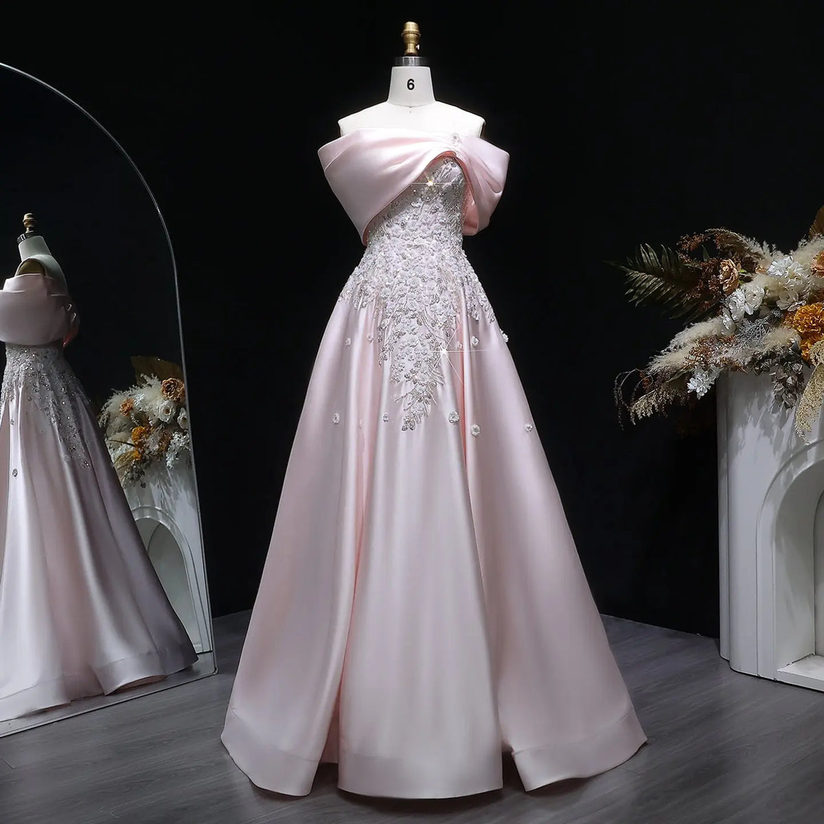 Luxury Pink Satin 3D Floral Sequin Embroidered Evening Dress XD032 Luxury Pink Satin 3D Floral Sequin Embroidered Evening Dress XD032