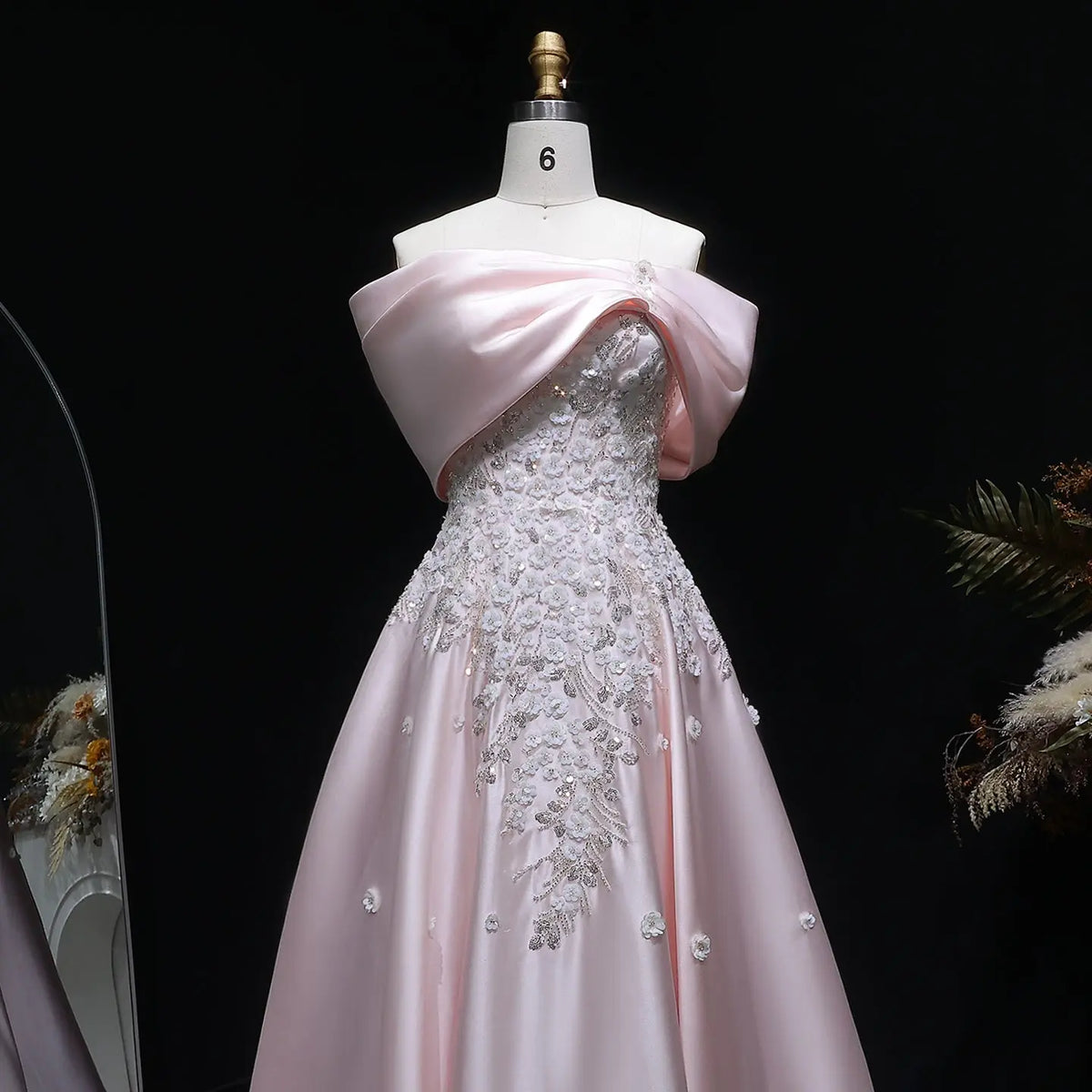 Luxury Pink Satin 3D Floral Sequin Embroidered Evening Dress XD032 