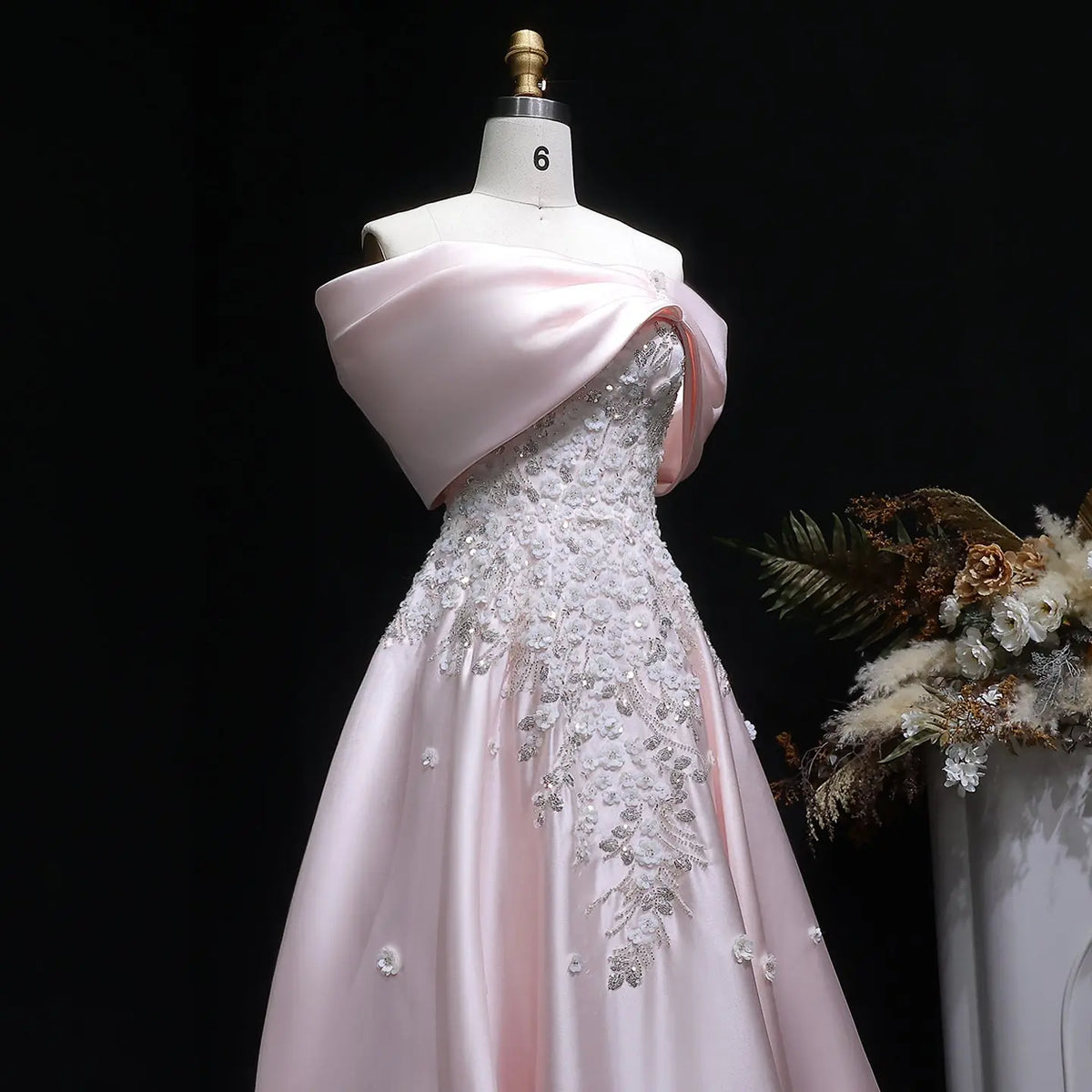 Luxury Pink Satin 3D Floral Sequin Embroidered Evening Dress XD032 