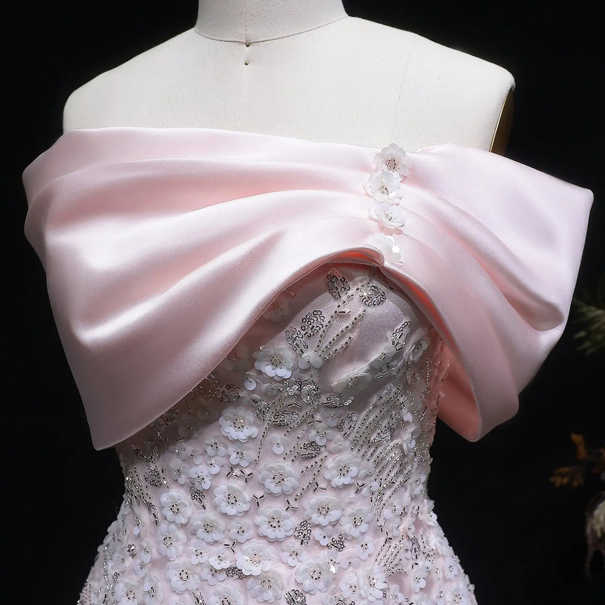 Luxury Pink Satin 3D Floral Sequin Embroidered Evening Dress XD032 