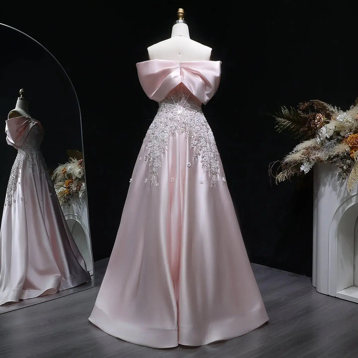 Luxury Pink Satin 3D Floral Sequin Embroidered Evening Dress XD032 - SHARONSAID Luxury Pink Satin 3D Floral Sequin Embroidered Evening Dress XD032 - SHARONSAID