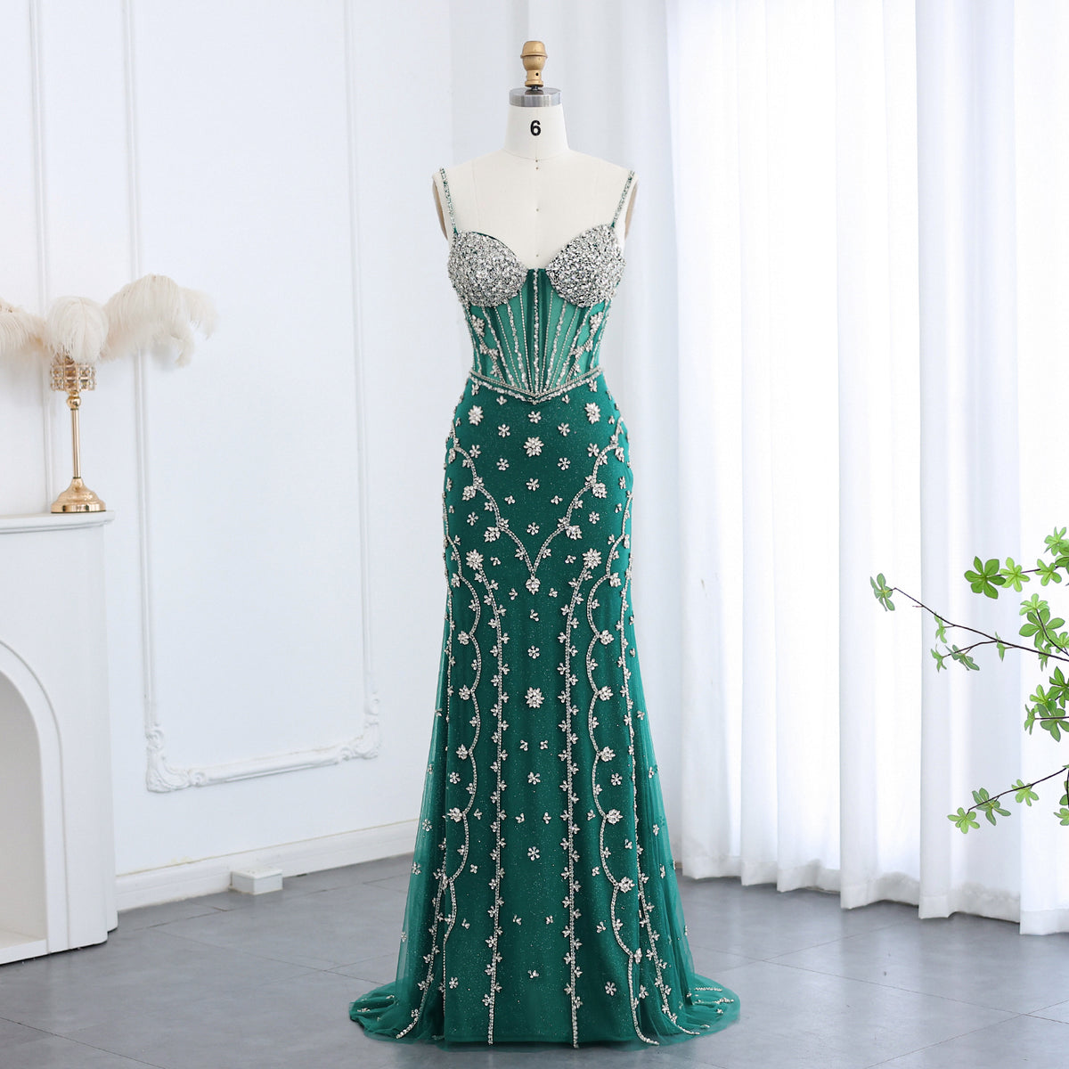 Luxury Emerald Green Spaghetti Straps Evening Dress SS246