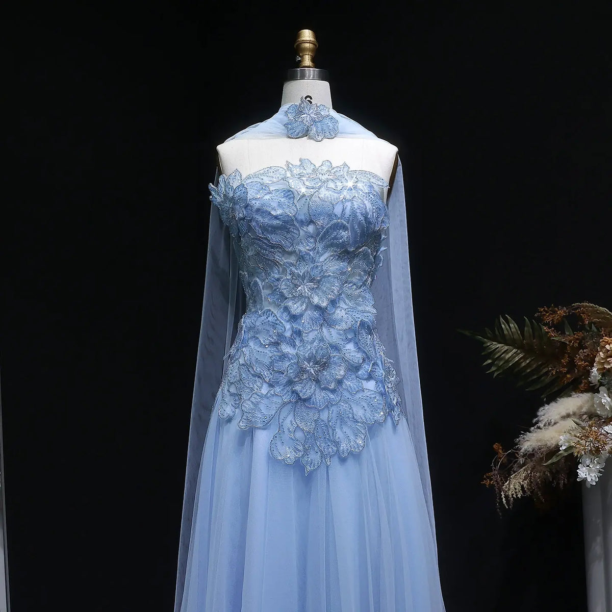 Luxury Pink 3D Floral Strapless Tulle Cape Evening Dress with Scarf SS239 