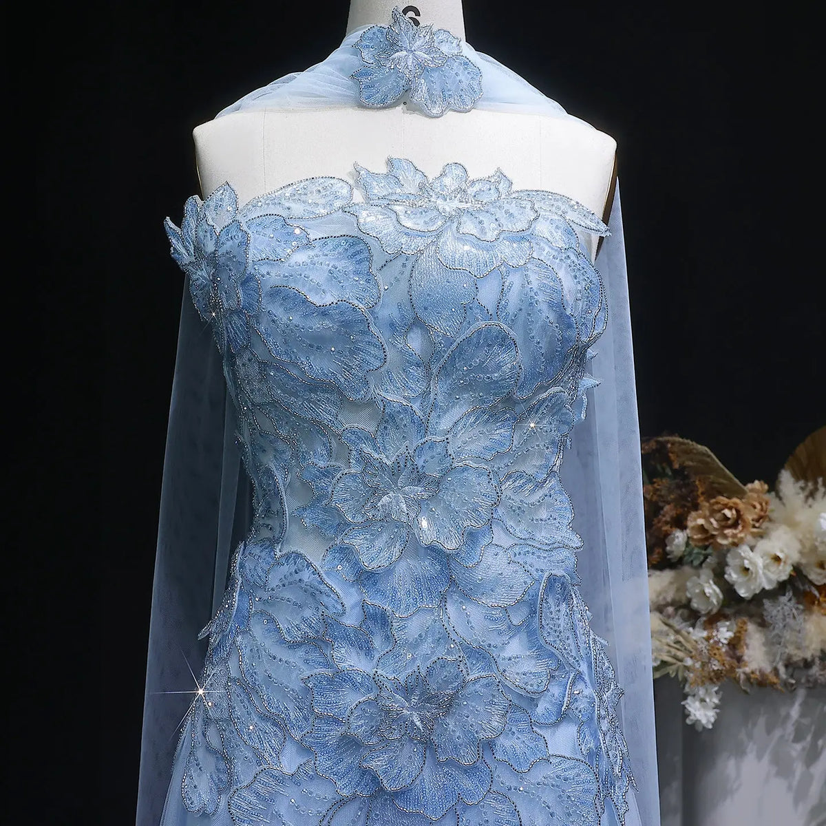 Luxury Pink 3D Floral Strapless Tulle Cape Evening Dress with Scarf SS239 