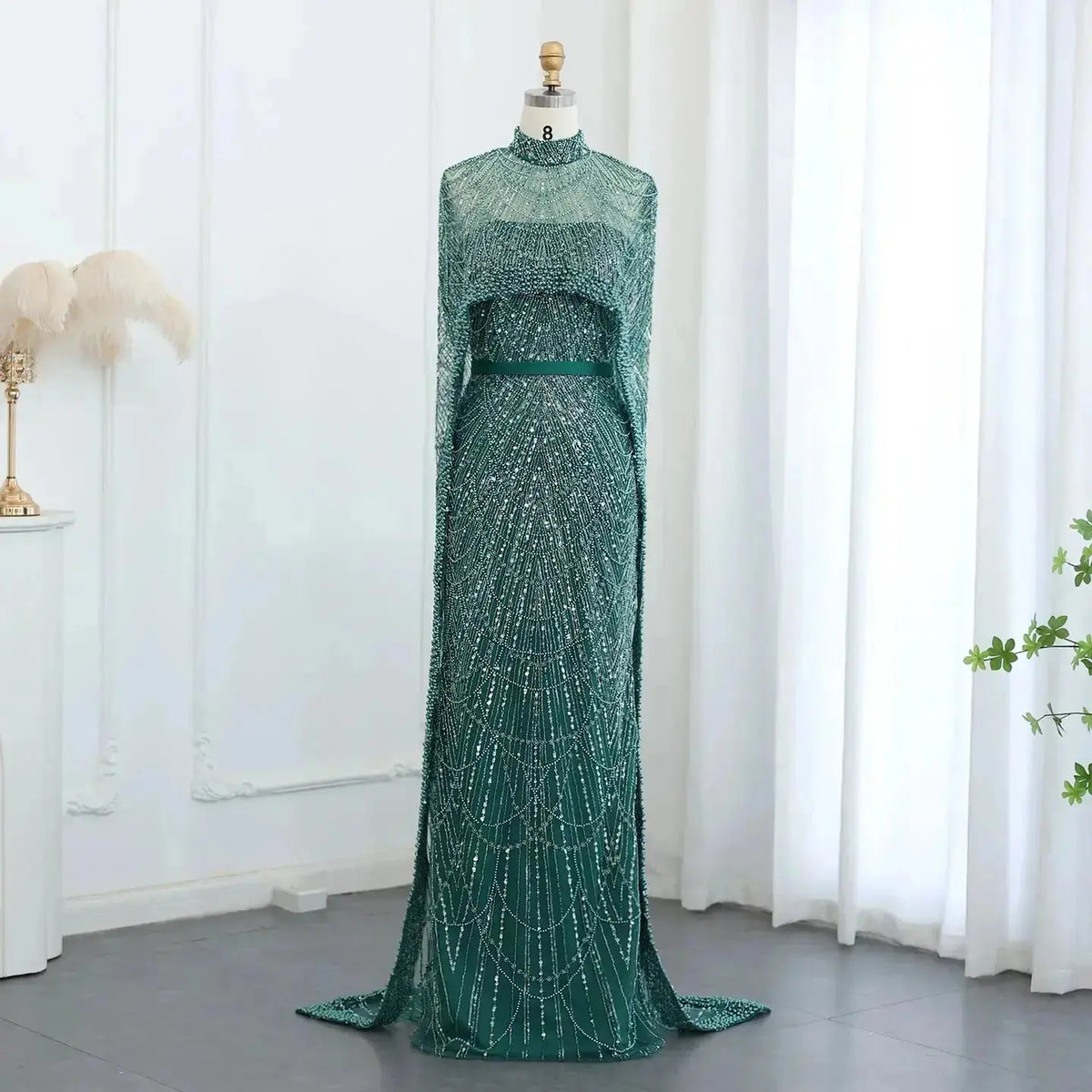 Luxury Pearls Champagne Evening Dress with Cape SS369 - SHARONSAID Luxury Pearls Champagne Evening Dress with Cape SS369 - SHARONSAID