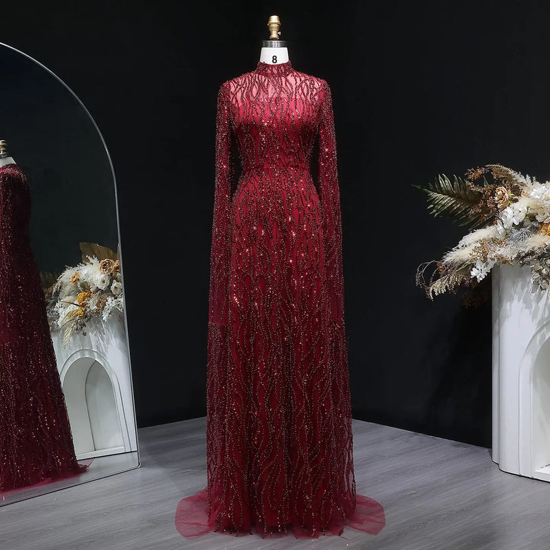 Elegant Dusty Pink Sequin Beaded Long Sleeve Evening Dress SS621 