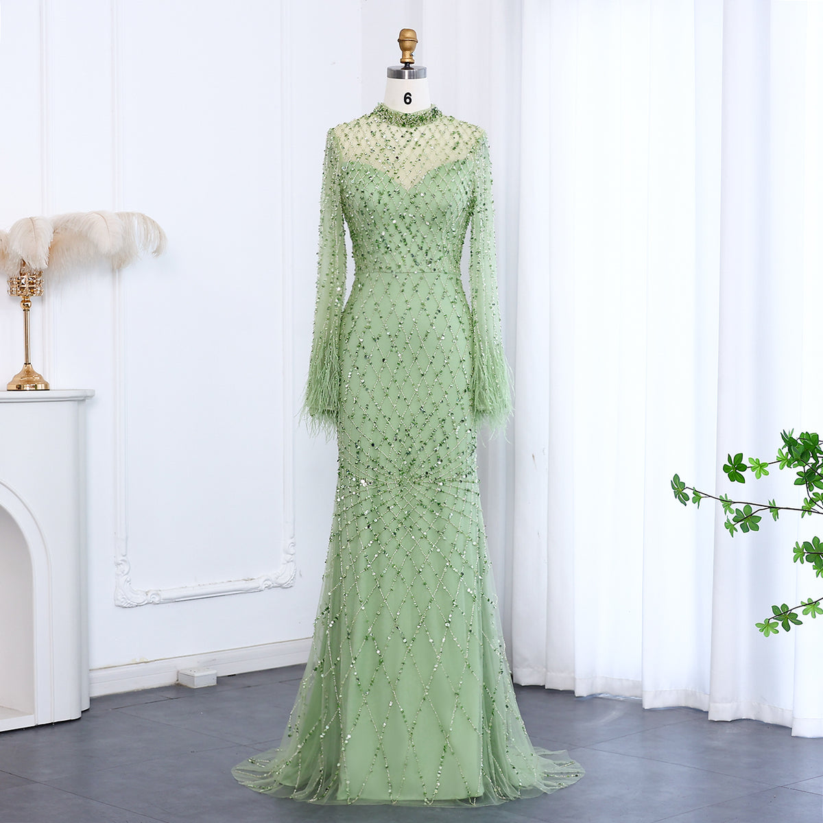 Luxury Feathers Long Sleeves High Neck Evening Dress SS144