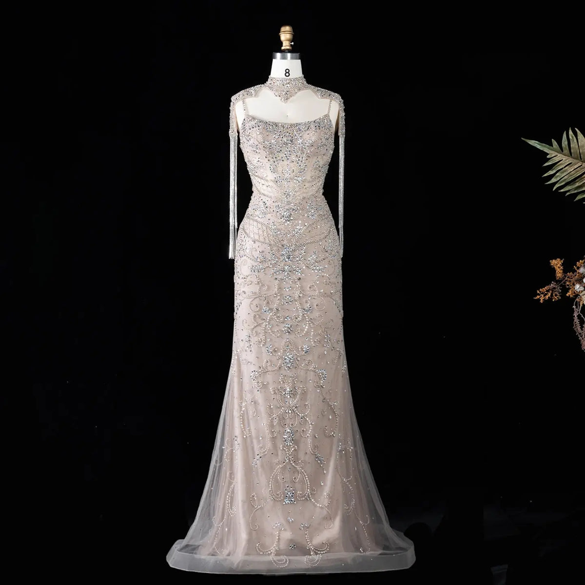 Champagne Beaded Mermaid Tassel Evening Dress SS182