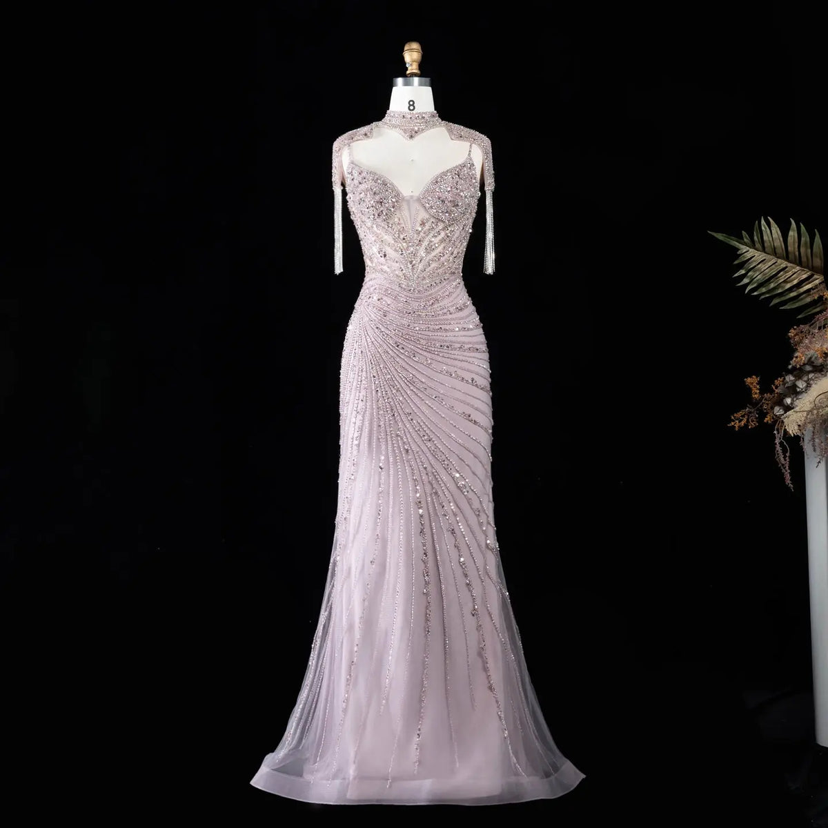Pink Beaded High Neck Tassel Evening Dress SS184