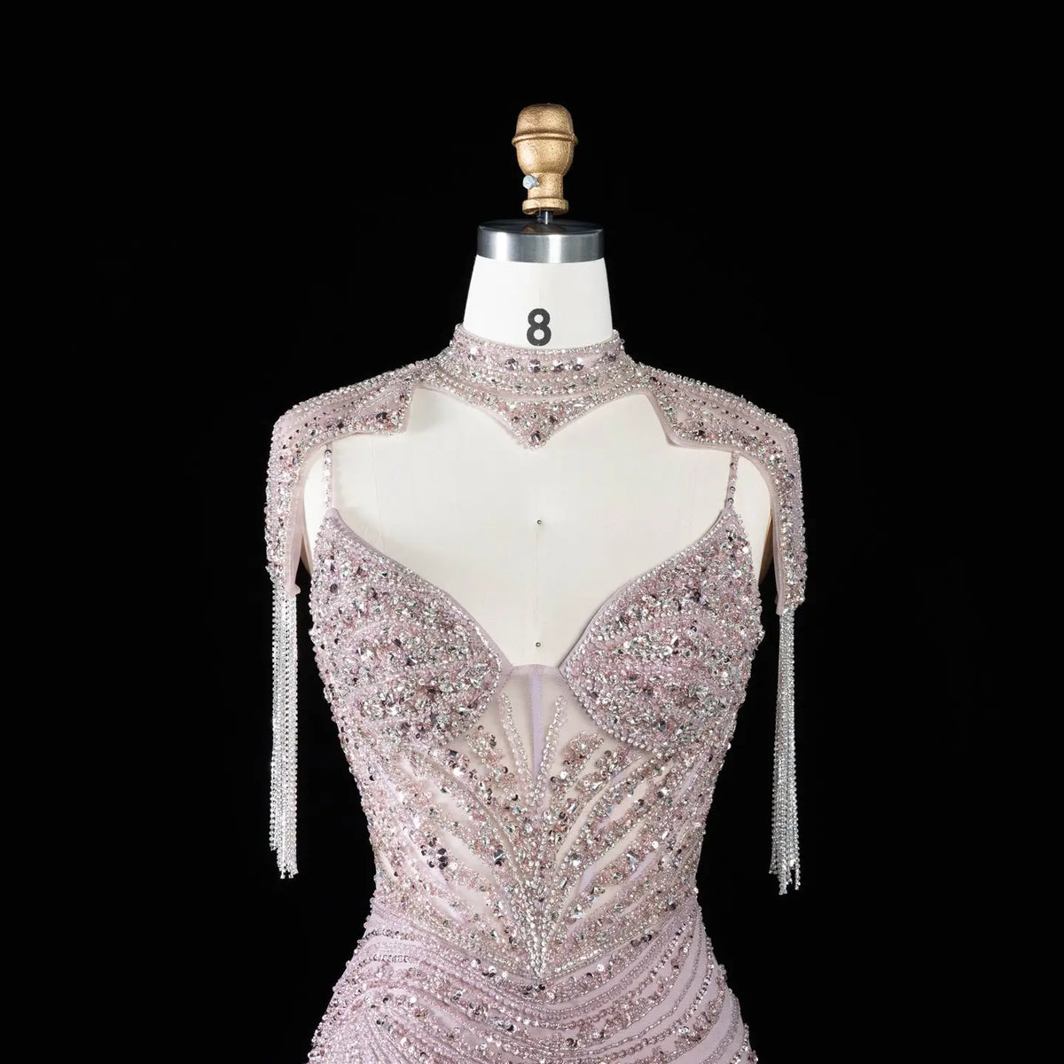 Pink Beaded High Neck Tassel Evening Dress SS184