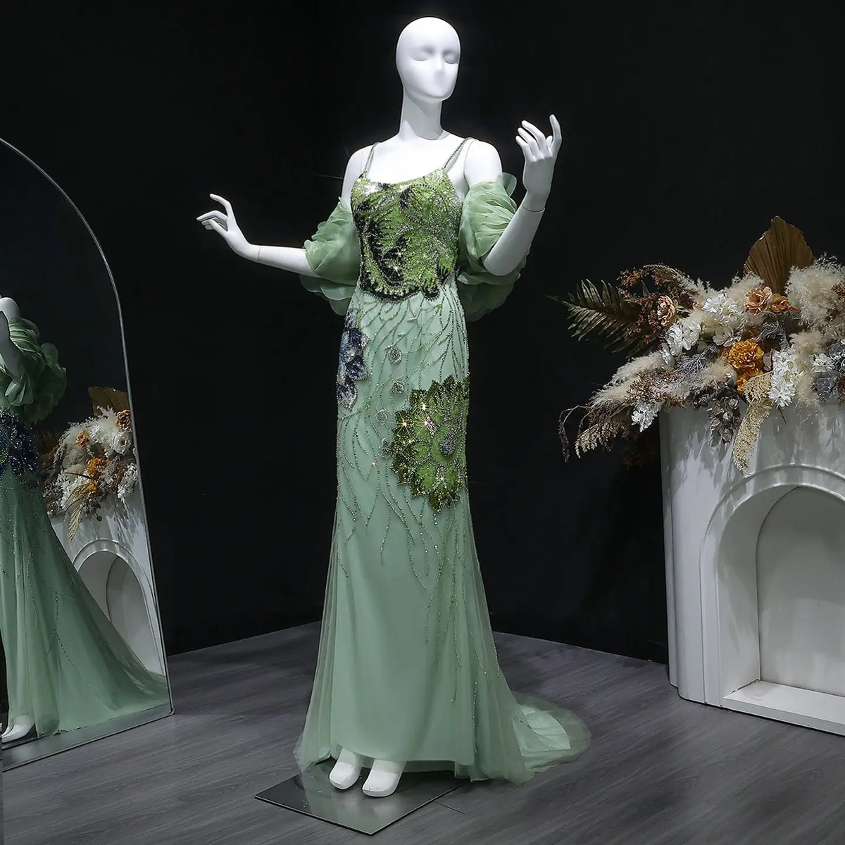 Luxury Pink Floral Beaded Evening Dress with Burgundy Shawl SS515 