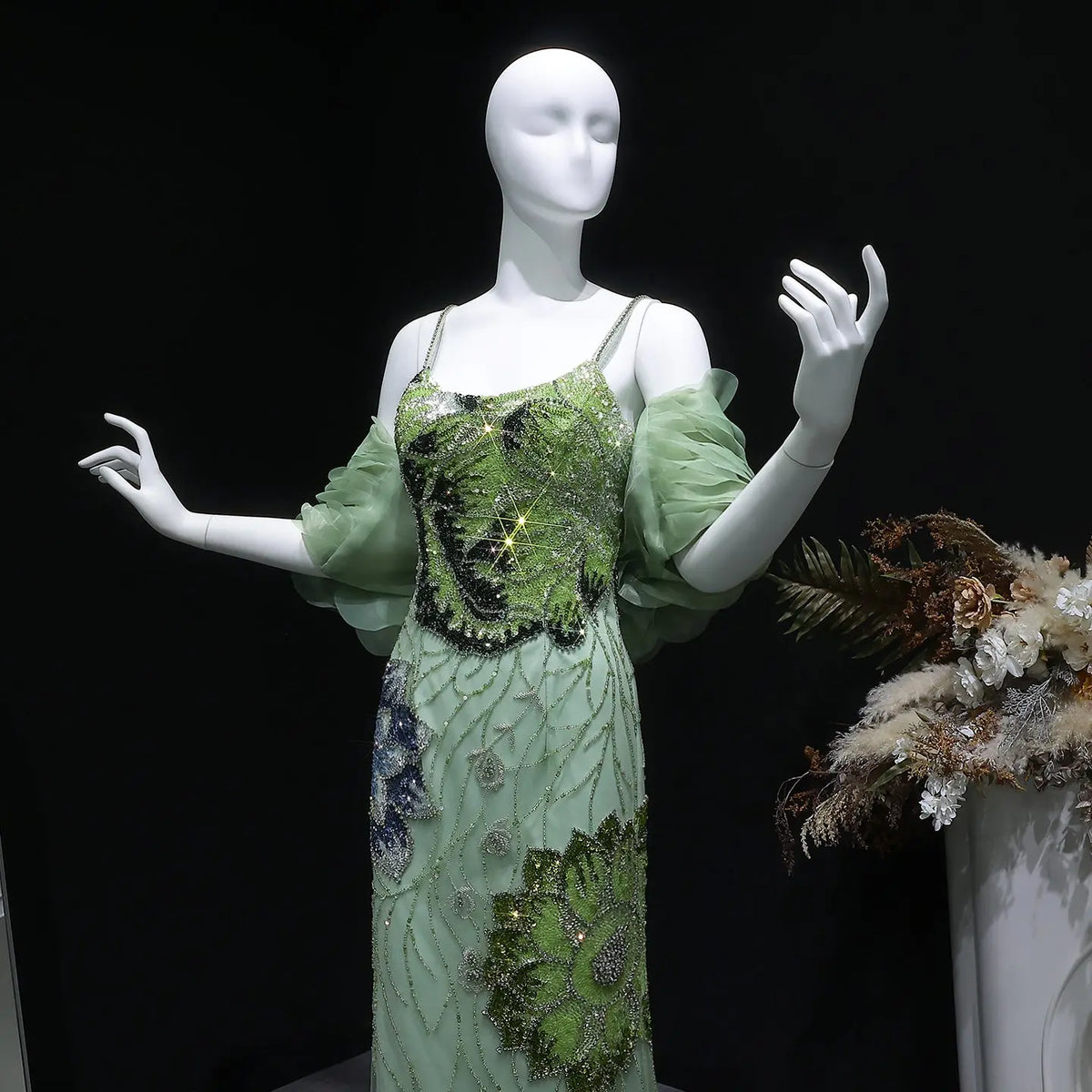 Luxury Pink Floral Beaded Evening Dress with Burgundy Shawl SS515 