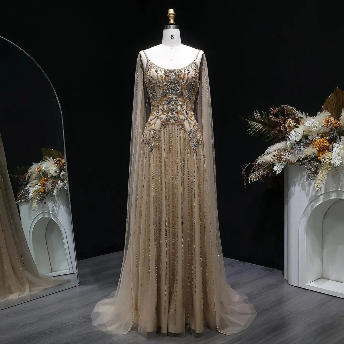 champagne mermaid dress Luxury Champagne Beaded Glitter Sheer Cape Sleeve Mermaid Evening Dress SS538