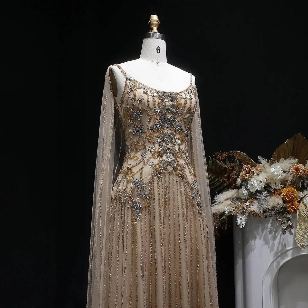 Luxury Champagne Beaded Glitter Sheer Cape Sleeve Mermaid Evening Dress SS538