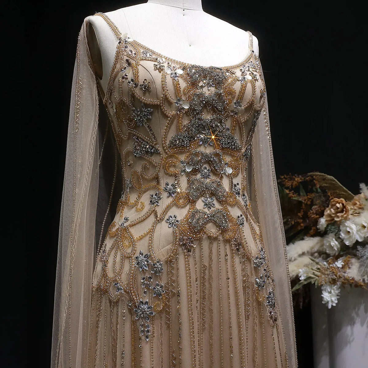 Luxury Champagne Beaded Glitter Sheer Cape Sleeve Mermaid Evening Dress SS538 