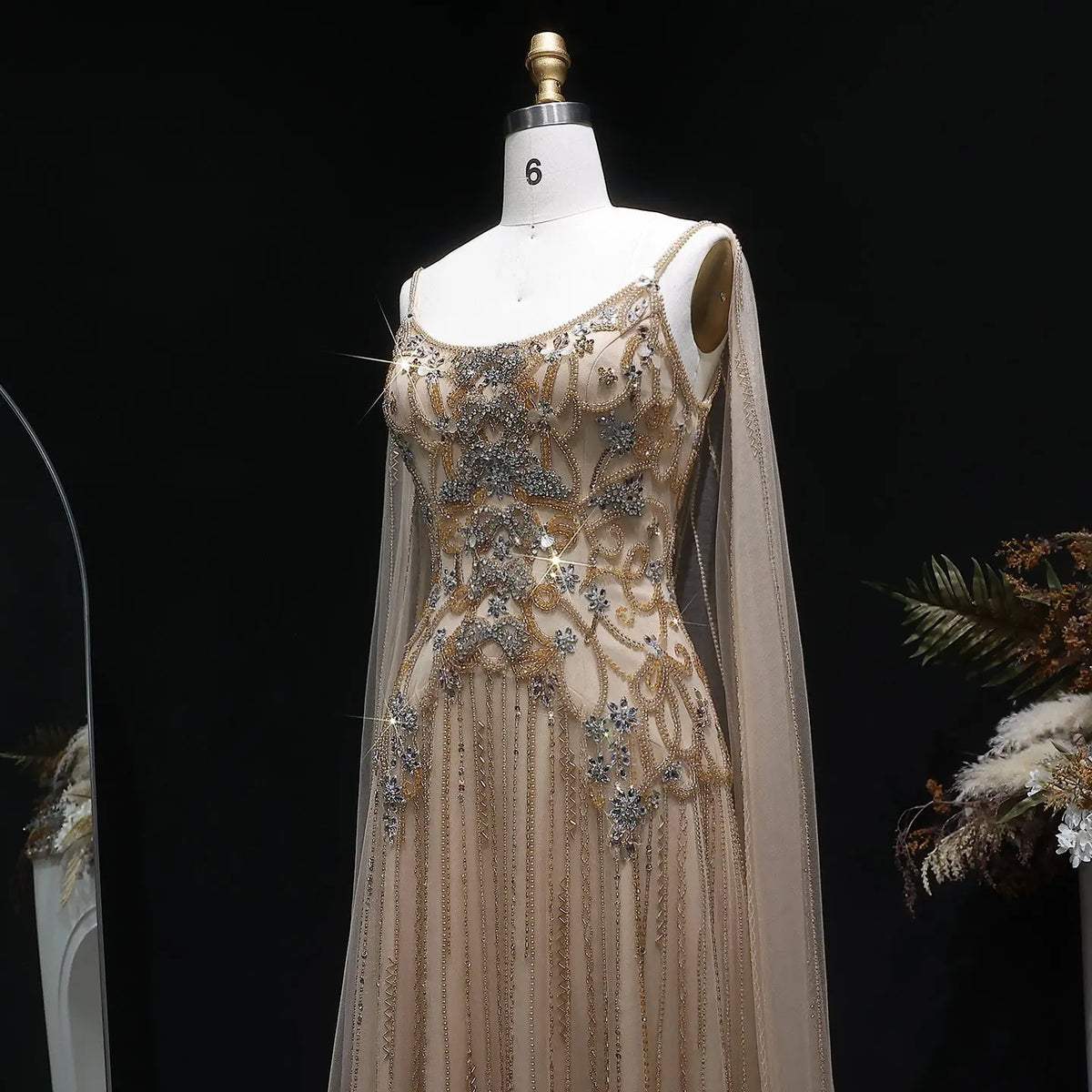 Luxury Champagne Beaded Glitter Sheer Cape Sleeve Mermaid Evening Dress SS538 