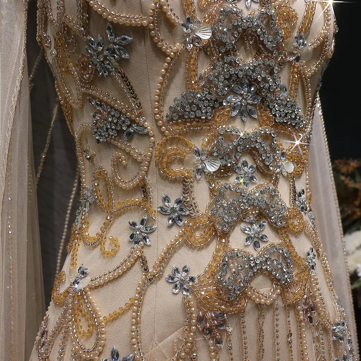 Luxury Champagne Beaded Glitter Sheer Cape Sleeve Mermaid Evening Dress SS538 