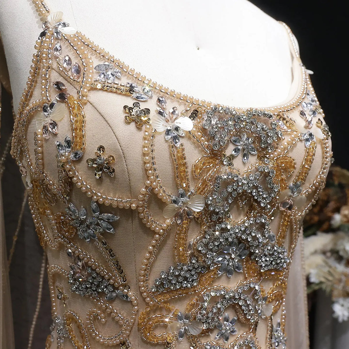 Luxury Champagne Beaded Glitter Sheer Cape Sleeve Mermaid Evening Dress SS538 