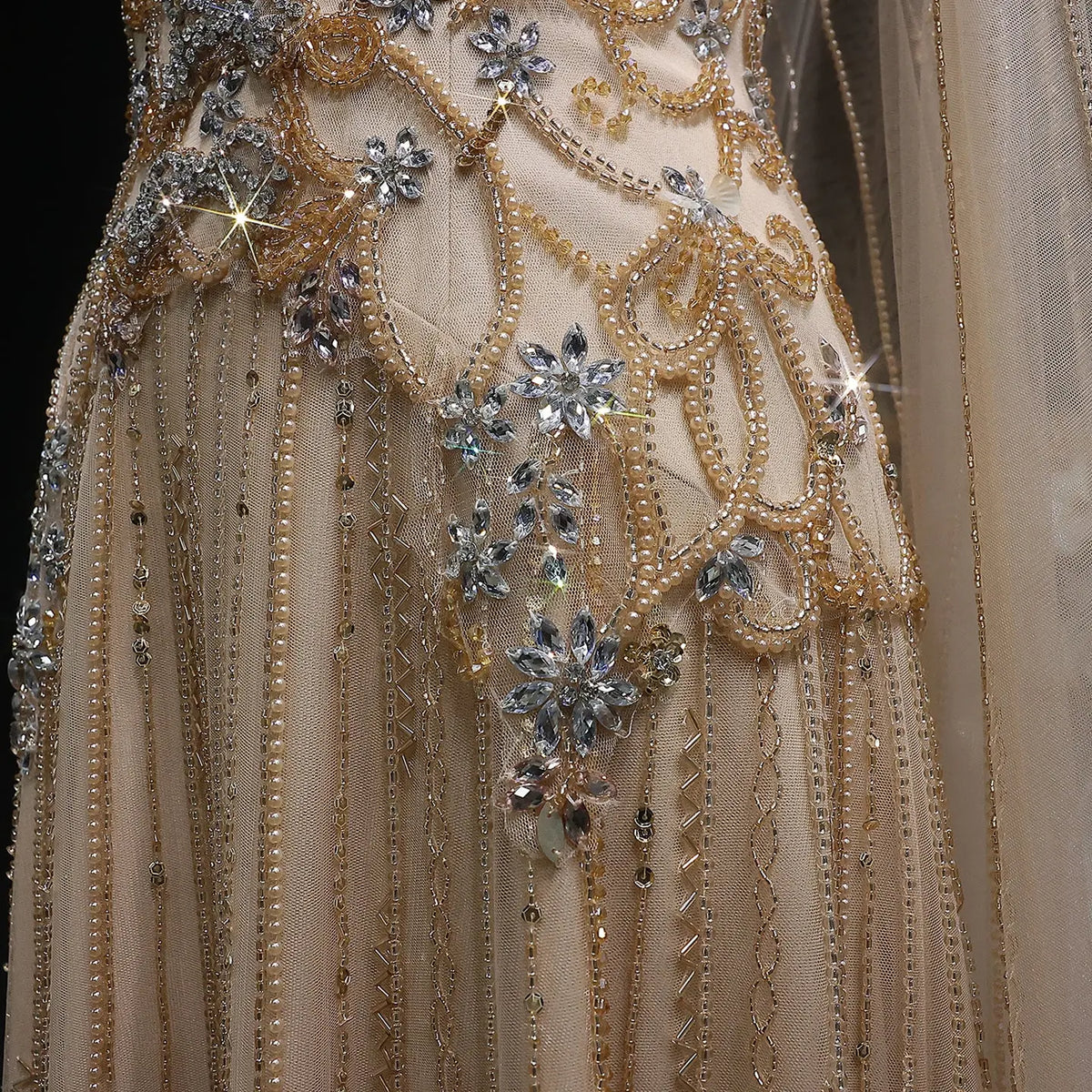 Luxury Champagne Beaded Glitter Sheer Cape Sleeve Mermaid Evening Dress SS538 