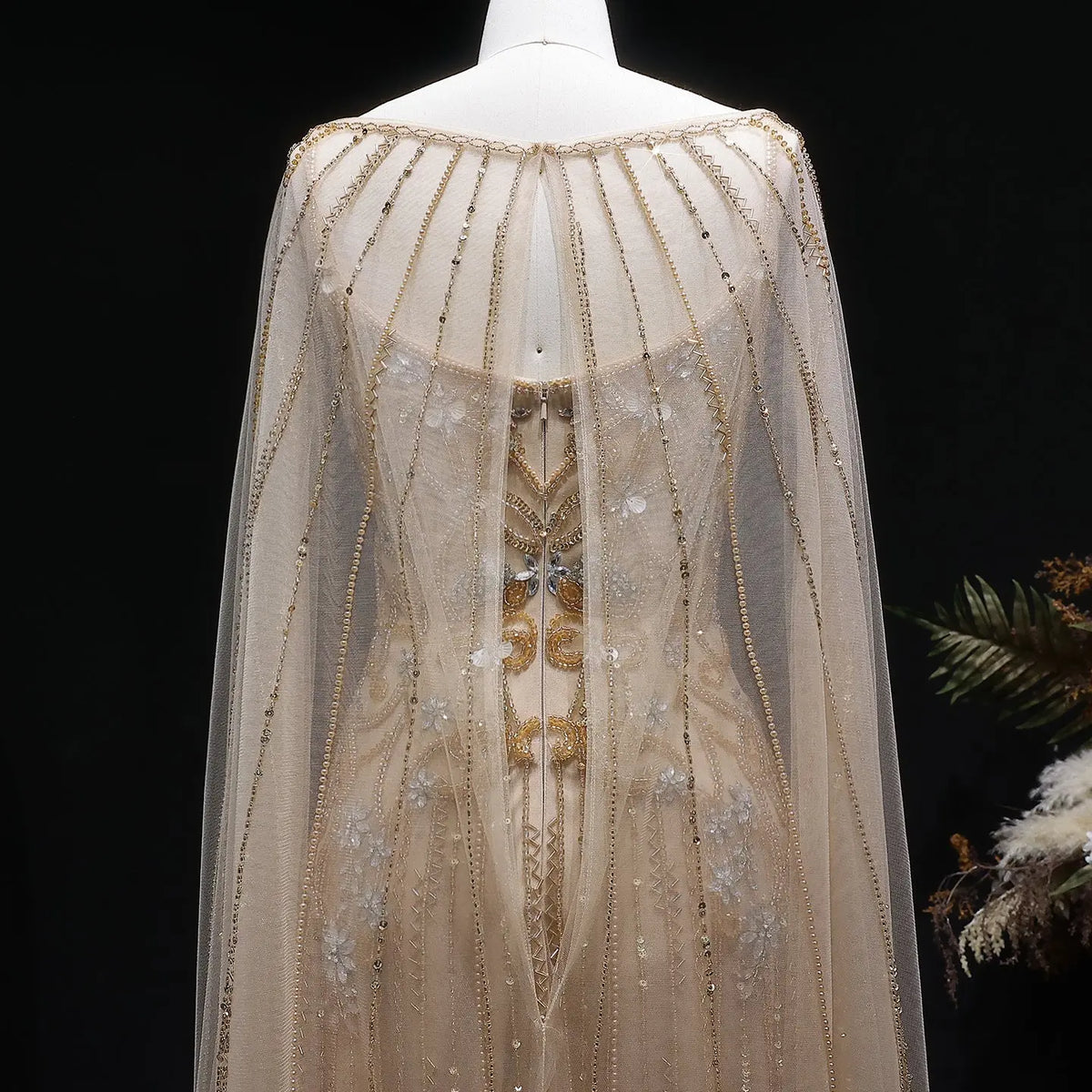 Luxury Champagne Beaded Glitter Sheer Cape Sleeve Mermaid Evening Dress SS538 