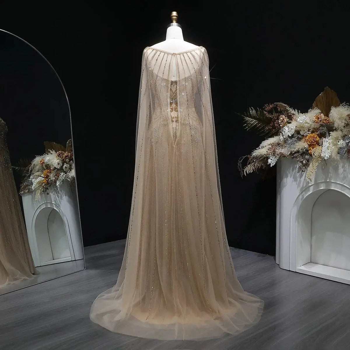 glitter champagne dress Luxury Champagne Beaded Glitter Sheer Cape Sleeve Mermaid Evening Dress SS538