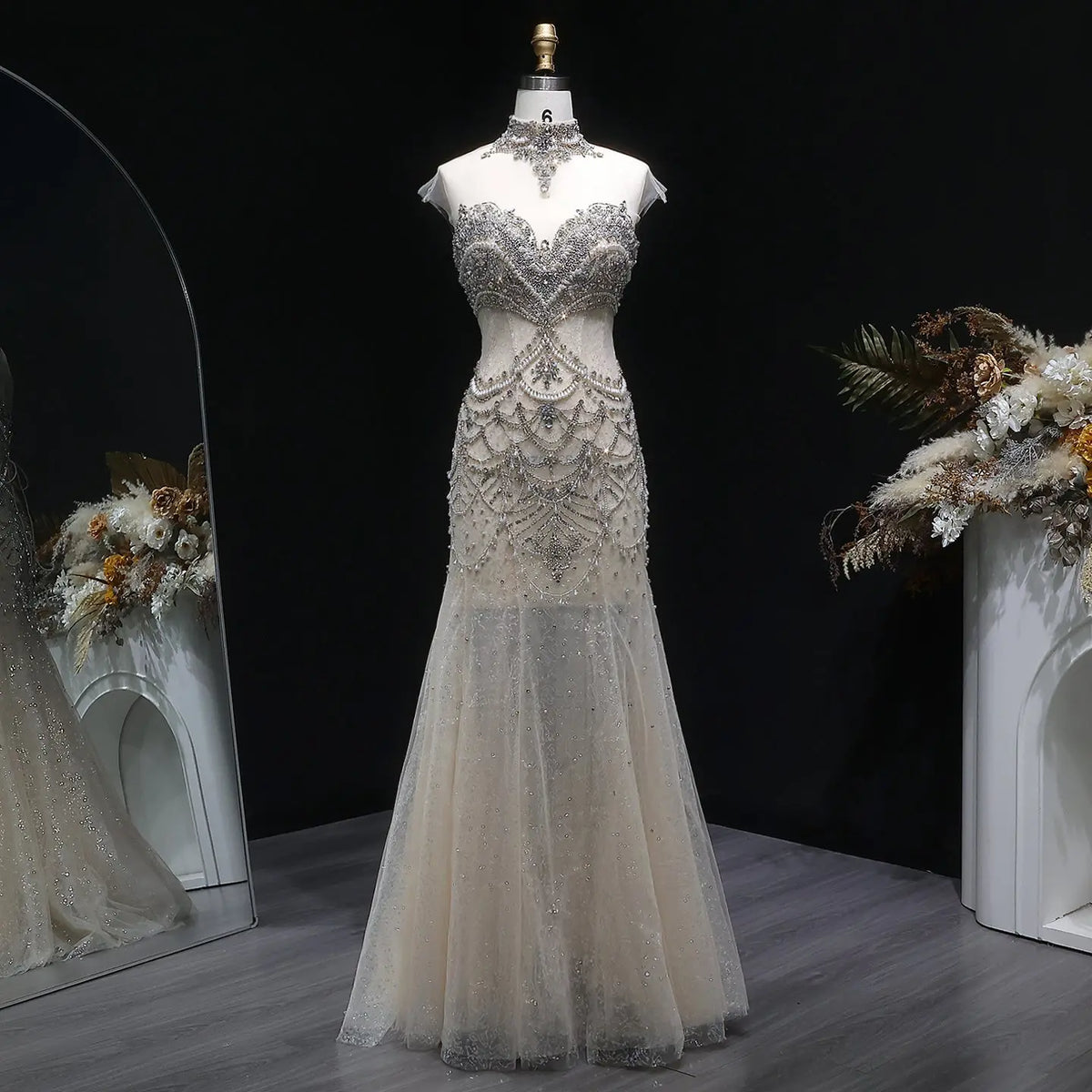 Nude Beaded High Neck Mermaid Evening Dress SS380