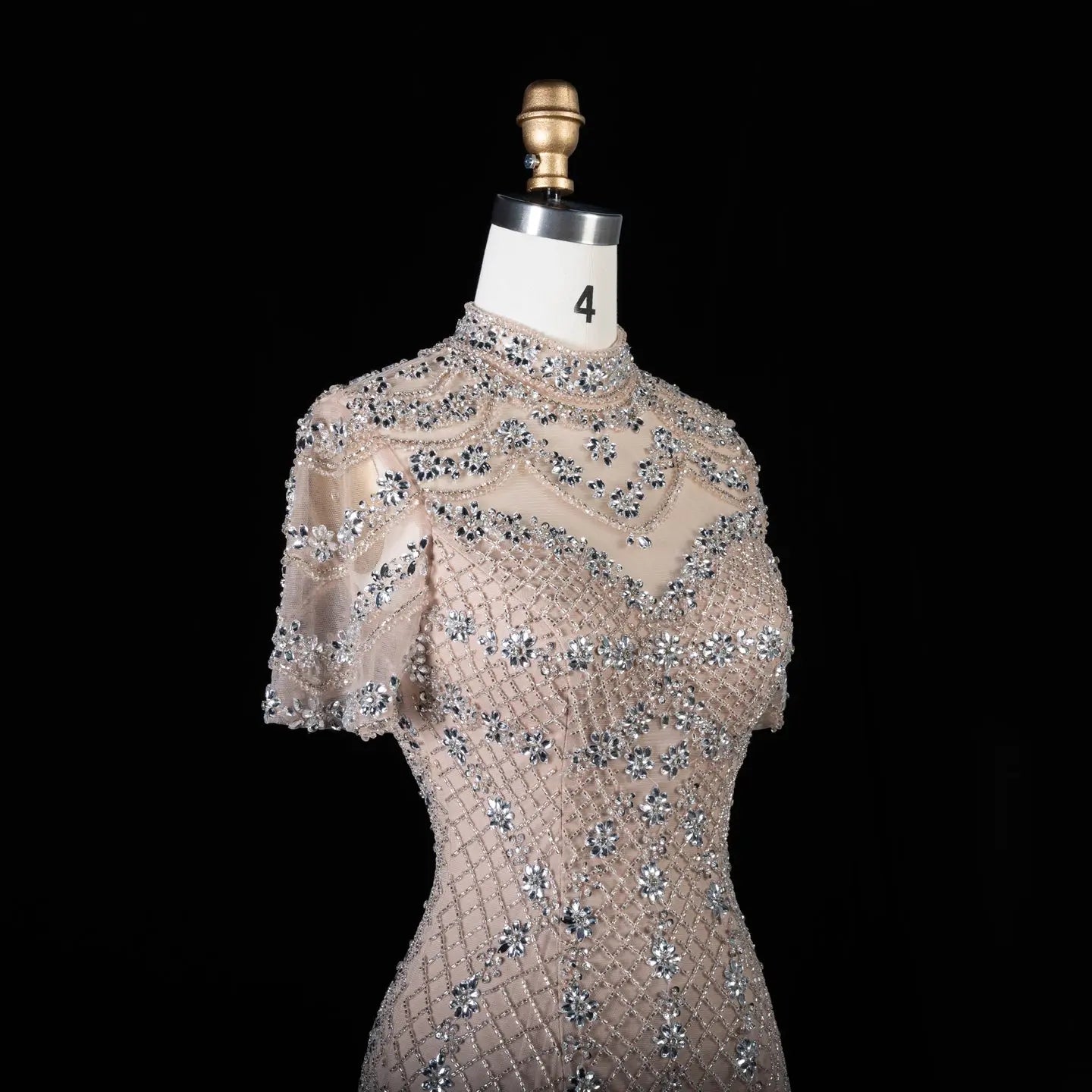 Chic Champagne Short Sleeve Grid Rhinestone Mermaid Evening Dress