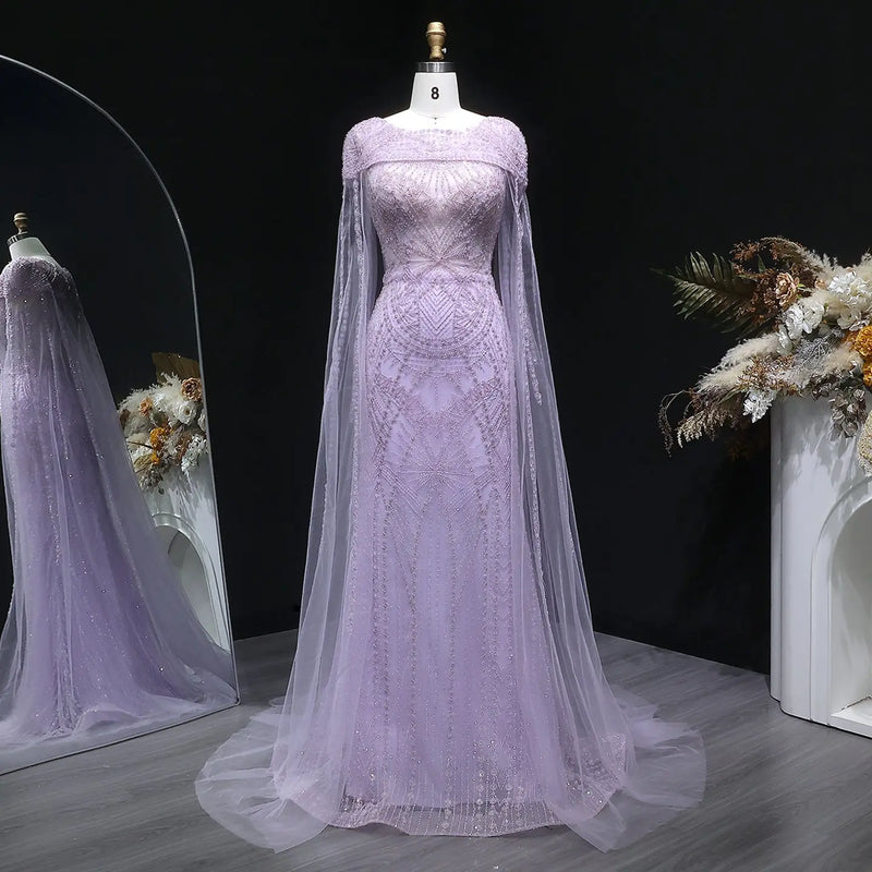 Glamorous Lilac Beaded Tulle Evening Dress with Cape Sleeve SS019 