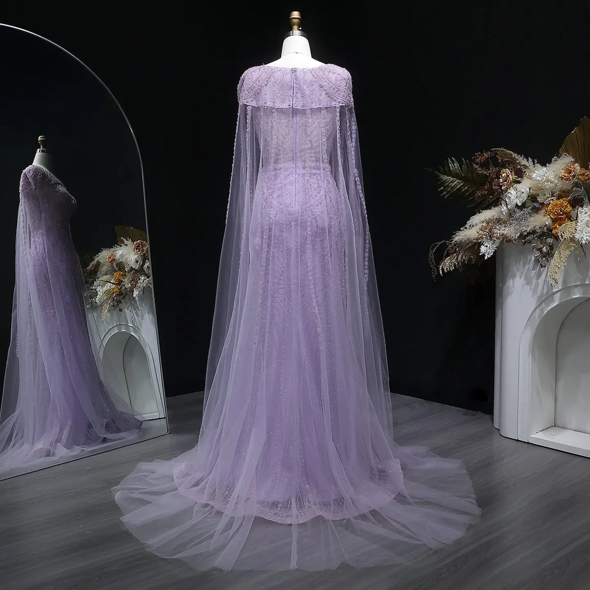 Glamorous Lilac Beaded Tulle Evening Dress with Cape Sleeve SS019
