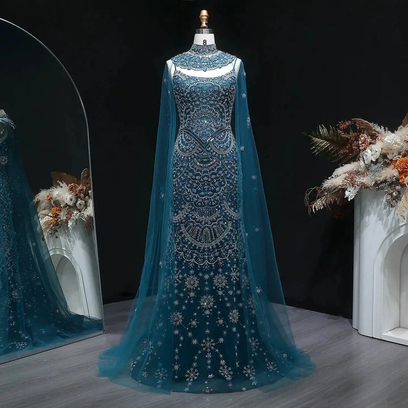 Luxury Teal Beaded Halter Neck Cape Mermaid Evening Dress SS028 
