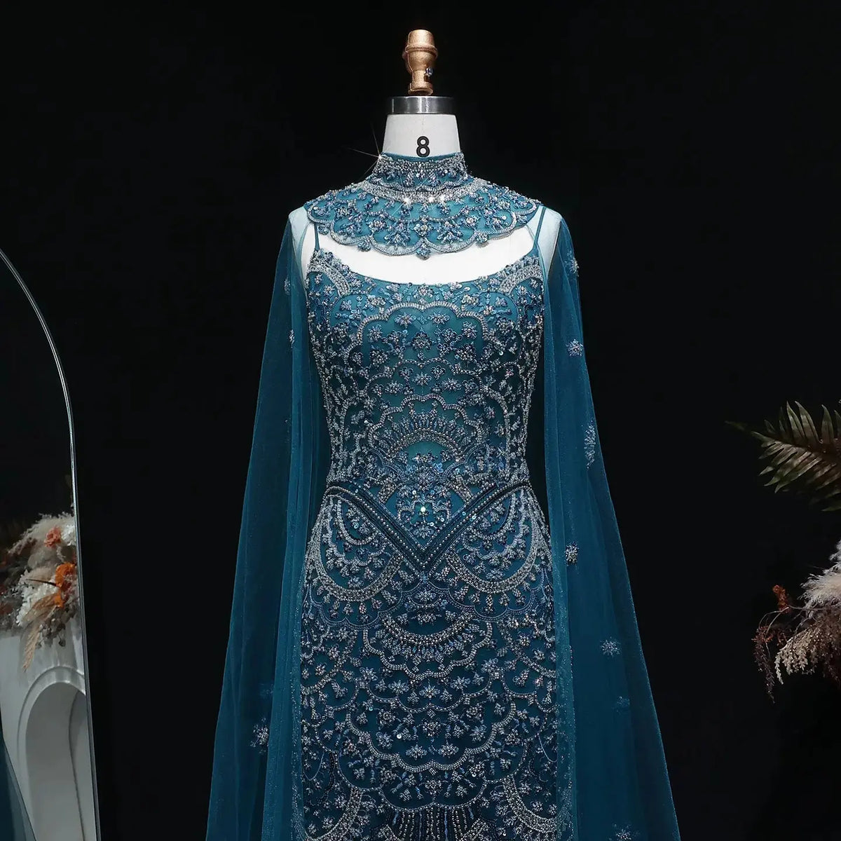 Luxury Teal Beaded Halter Neck Cape Mermaid Evening Dress SS028 