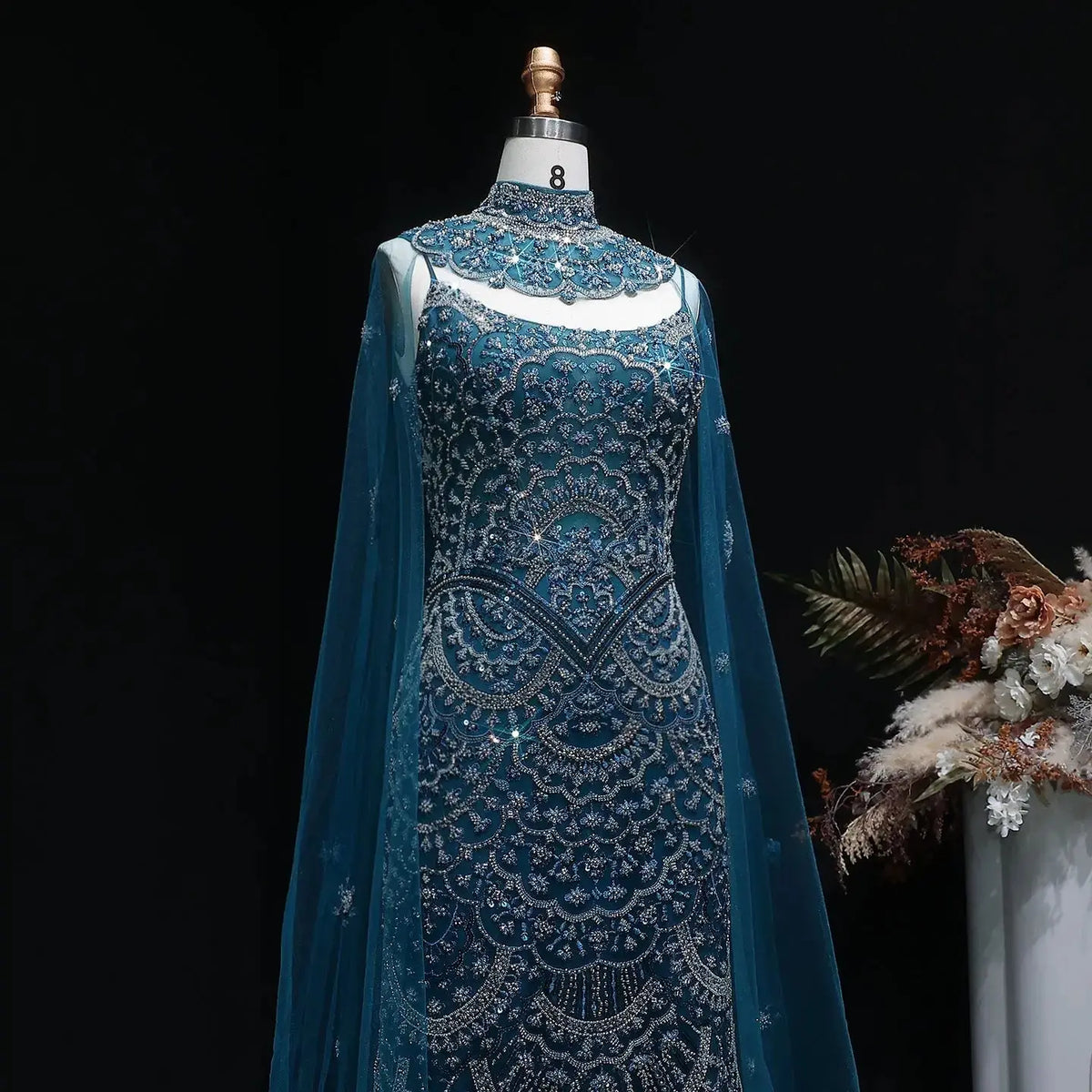 Luxury Teal Beaded Halter Neck Cape Mermaid Evening Dress SS028 