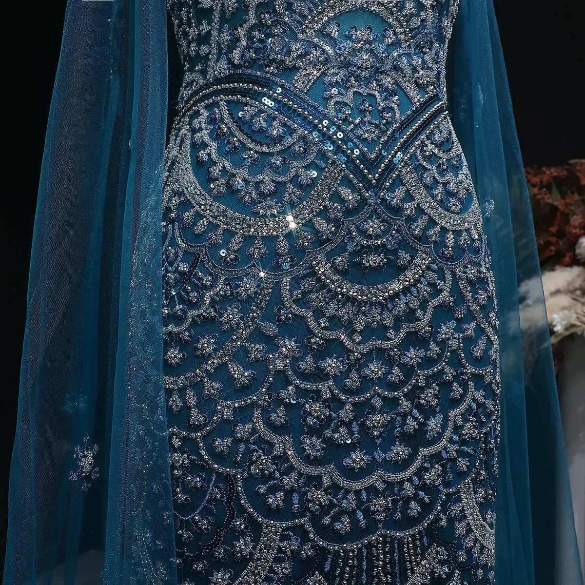 Luxury Teal Beaded Halter Neck Cape Mermaid Evening Dress SS028 