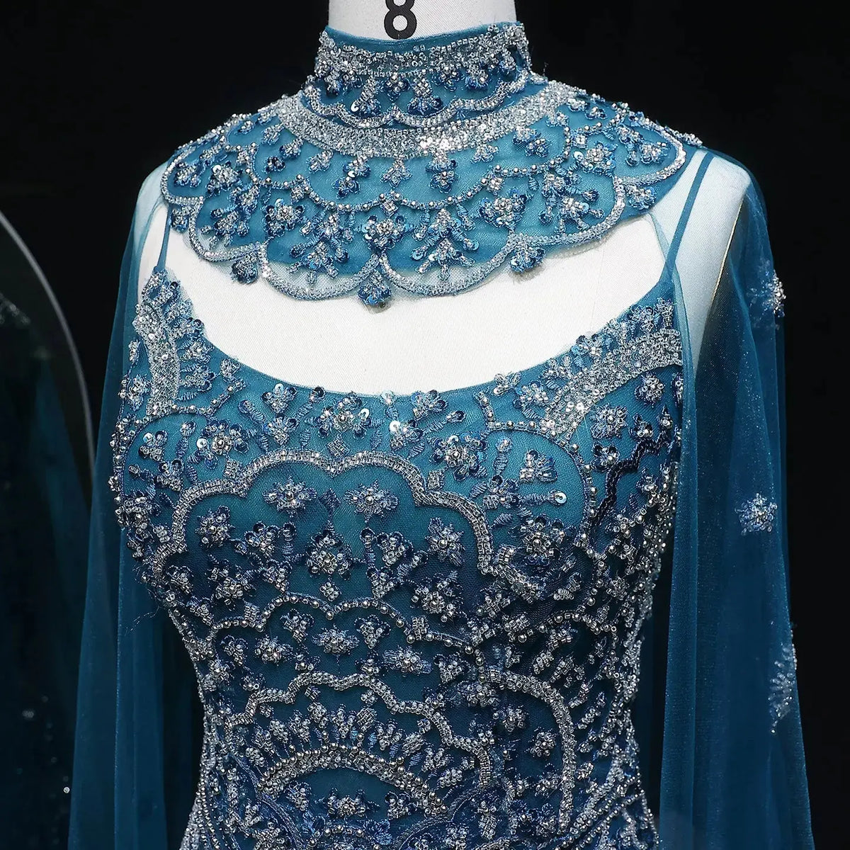 Luxury Teal Beaded Halter Neck Cape Mermaid Evening Dress SS028 