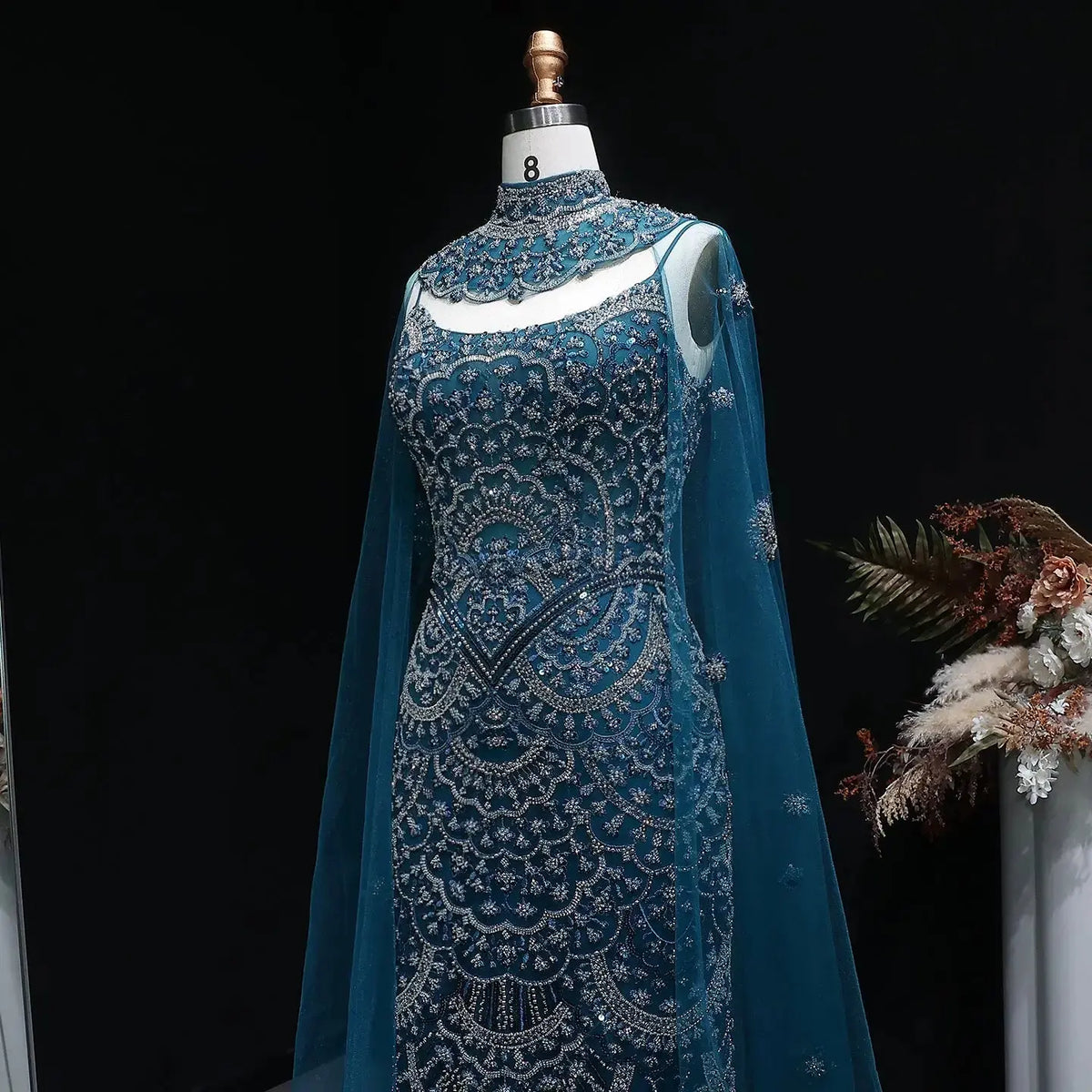 Luxury Teal Beaded Halter Neck Cape Mermaid Evening Dress SS028 