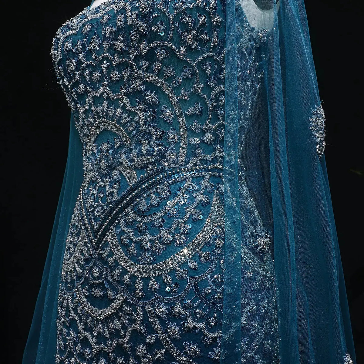 Luxury Teal Beaded Halter Neck Cape Mermaid Evening Dress SS028 