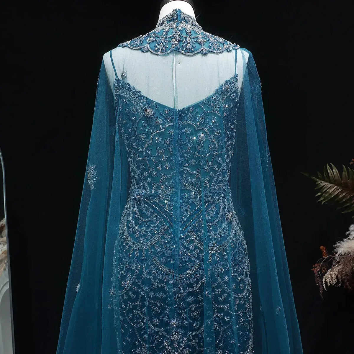 Luxury Teal Beaded Halter Neck Cape Mermaid Evening Dress SS028 