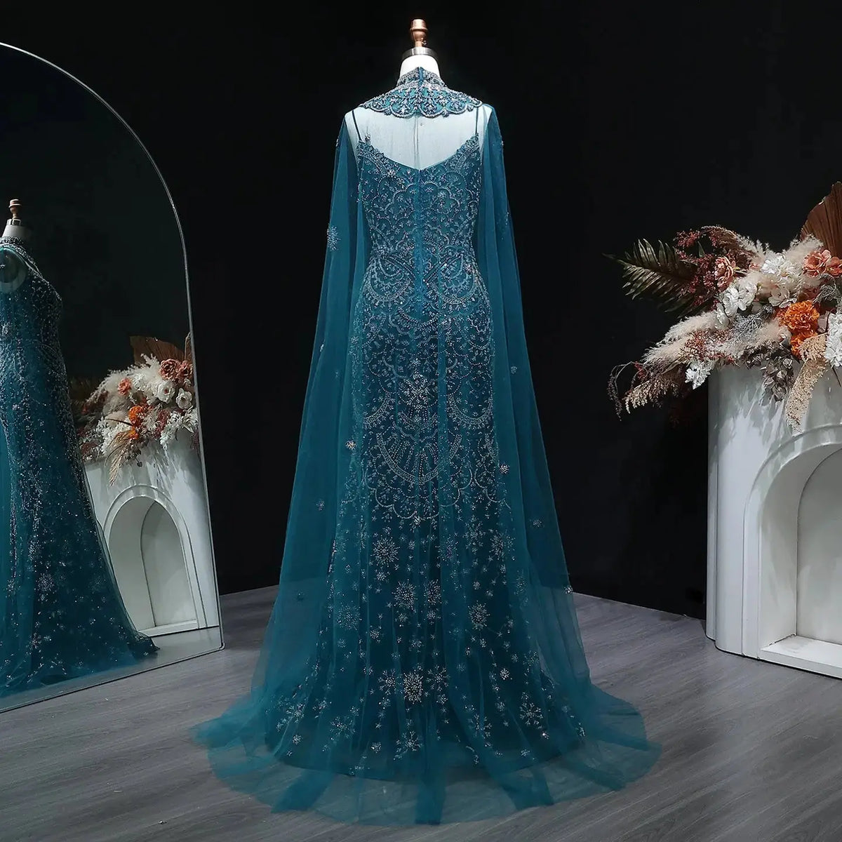 teal halter dress Luxury Teal Beaded Halter Neck Cape Mermaid Evening Dress SS028