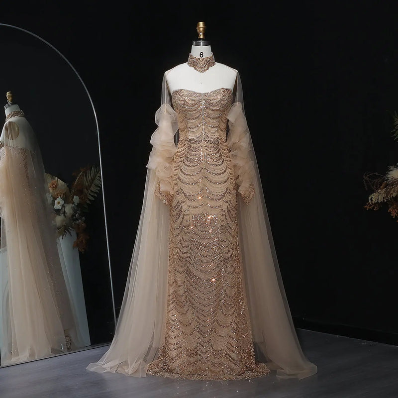 Luxury Beading Tassel Evening Dress with Cape Sleeves SS535 