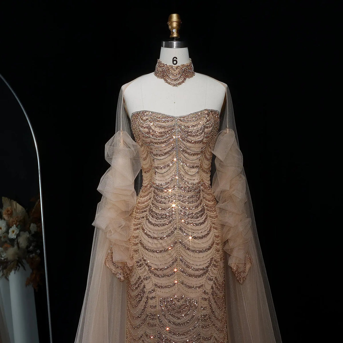 Luxury Beading Tassel Evening Dress with Cape Sleeves SS535 