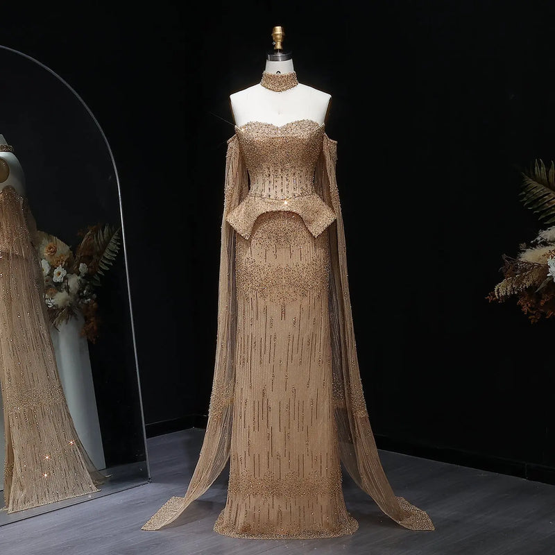 Stunning Gold Crystal Off Shoulder Evening Dress with Cape Sleeves SS558 
