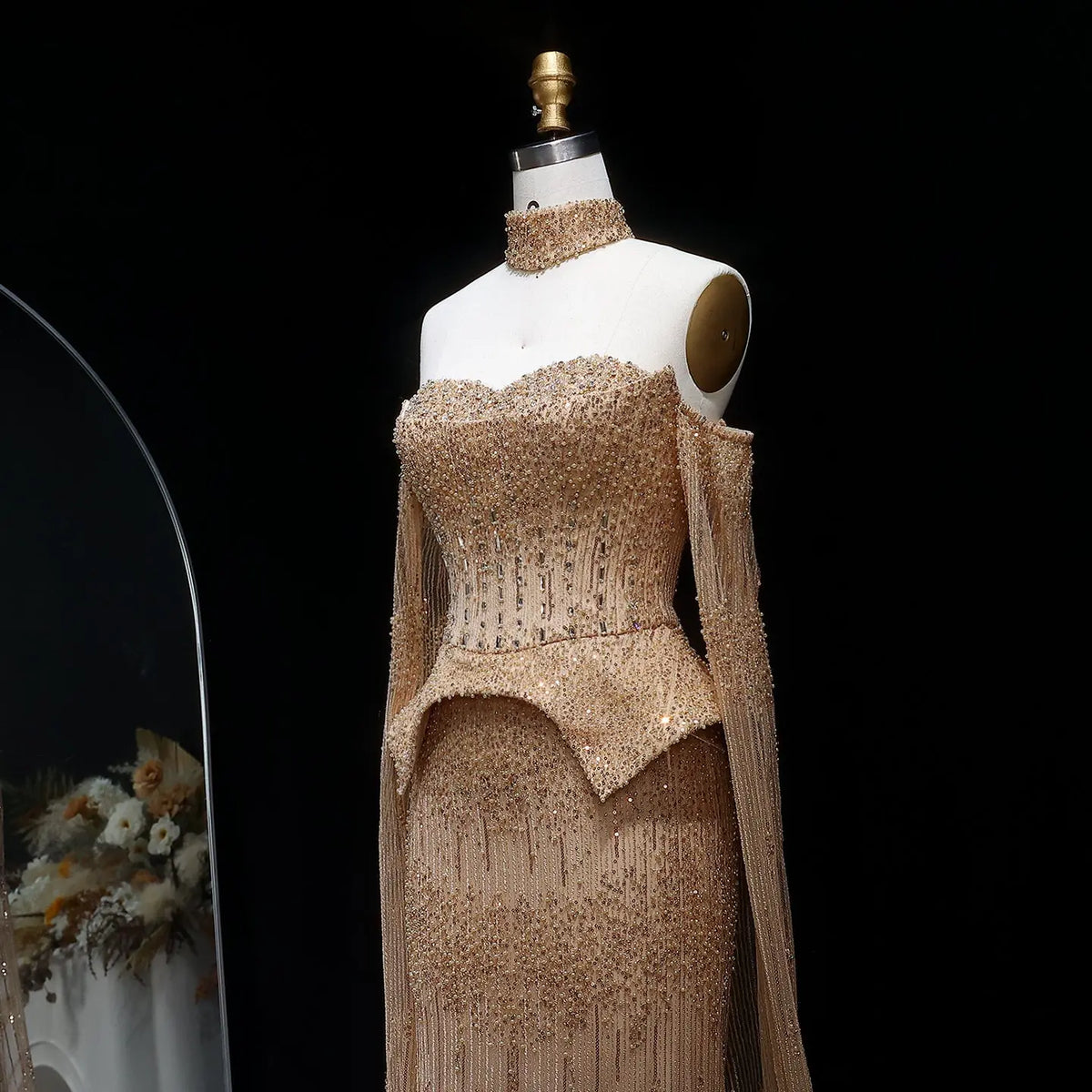 Stunning Gold Crystal Off Shoulder Evening Dress with Cape Sleeves SHARONSAID Stunning Gold Crystal Off Shoulder Evening Dress with Cape Sleeves SHARONSAID